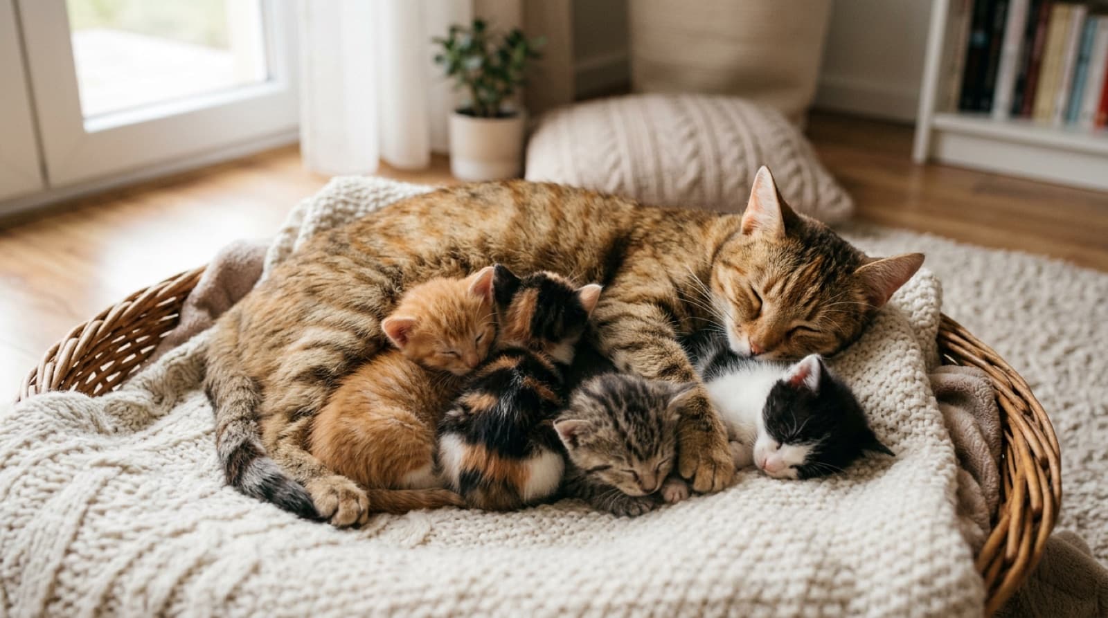 A litter of young kittens curled up together with their mother cat on a soft blanket at home, old enough to be ready for new families
