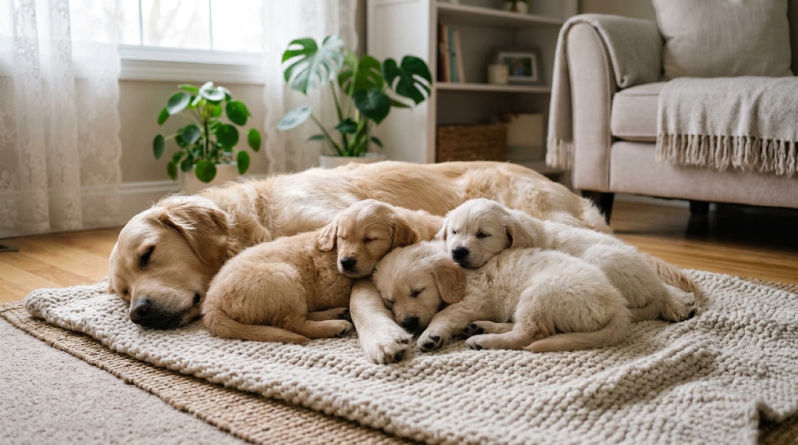 A litter of healthy young puppies resting together with their mother in a clean home setting, old enough to be ready for new families