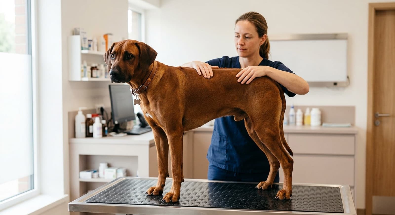 A red-wheaten Rhodesian Ridgeback standing calmly for a veterinarian in a bright Calgary clinic, its ridge visible along its back