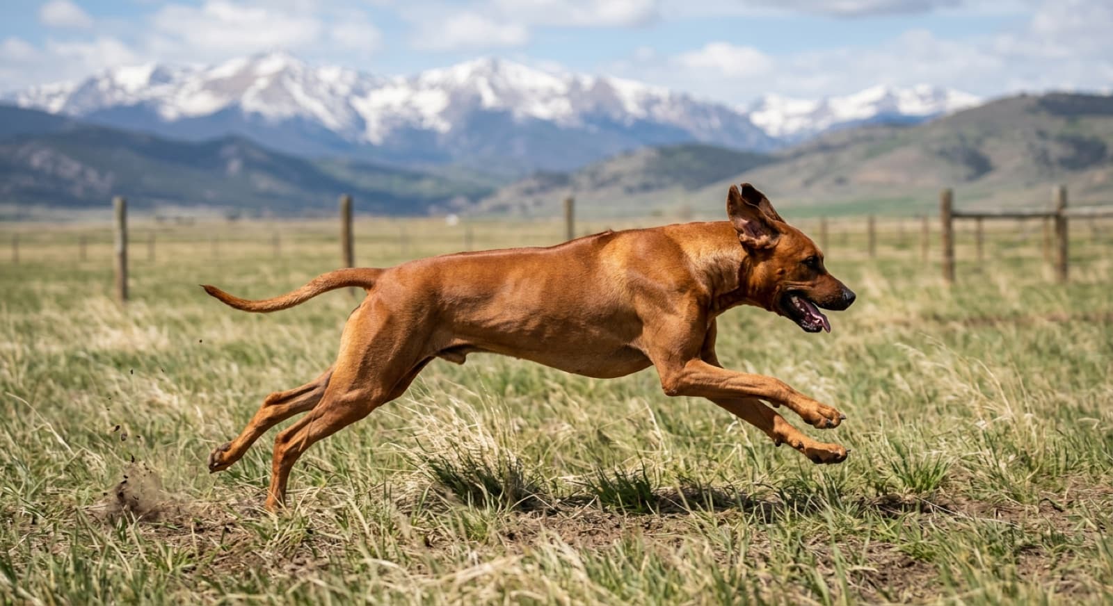 A Rhodesian Ridgeback running at full stride across a fenced Calgary off-leash field, ridge visible, prairie and mountains behind