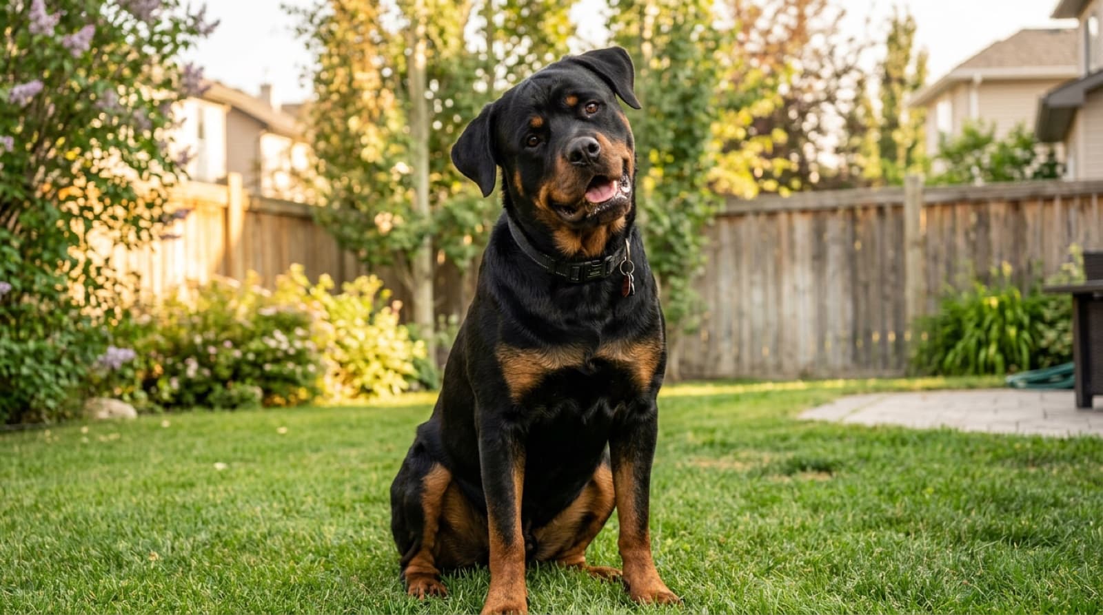 A 14 month old adolescent Rottweiler with full adult body size but a goofy puppy expression, sitting in a Calgary suburban backyard