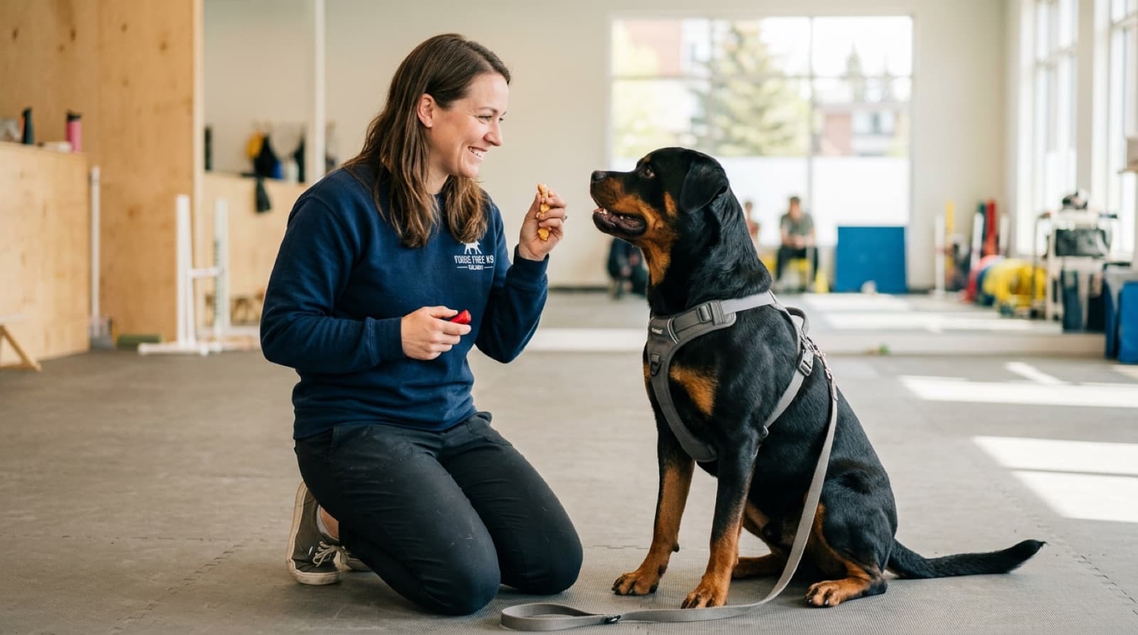 A Calgary force-free trainer working with an adolescent Rottweiler using clicker and high-value treats during a positive reinforcement obedience session