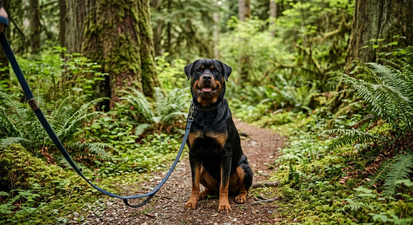 A calm black and tan Rottweiler sitting on a leash on a West Coast forest trail near Vancouver