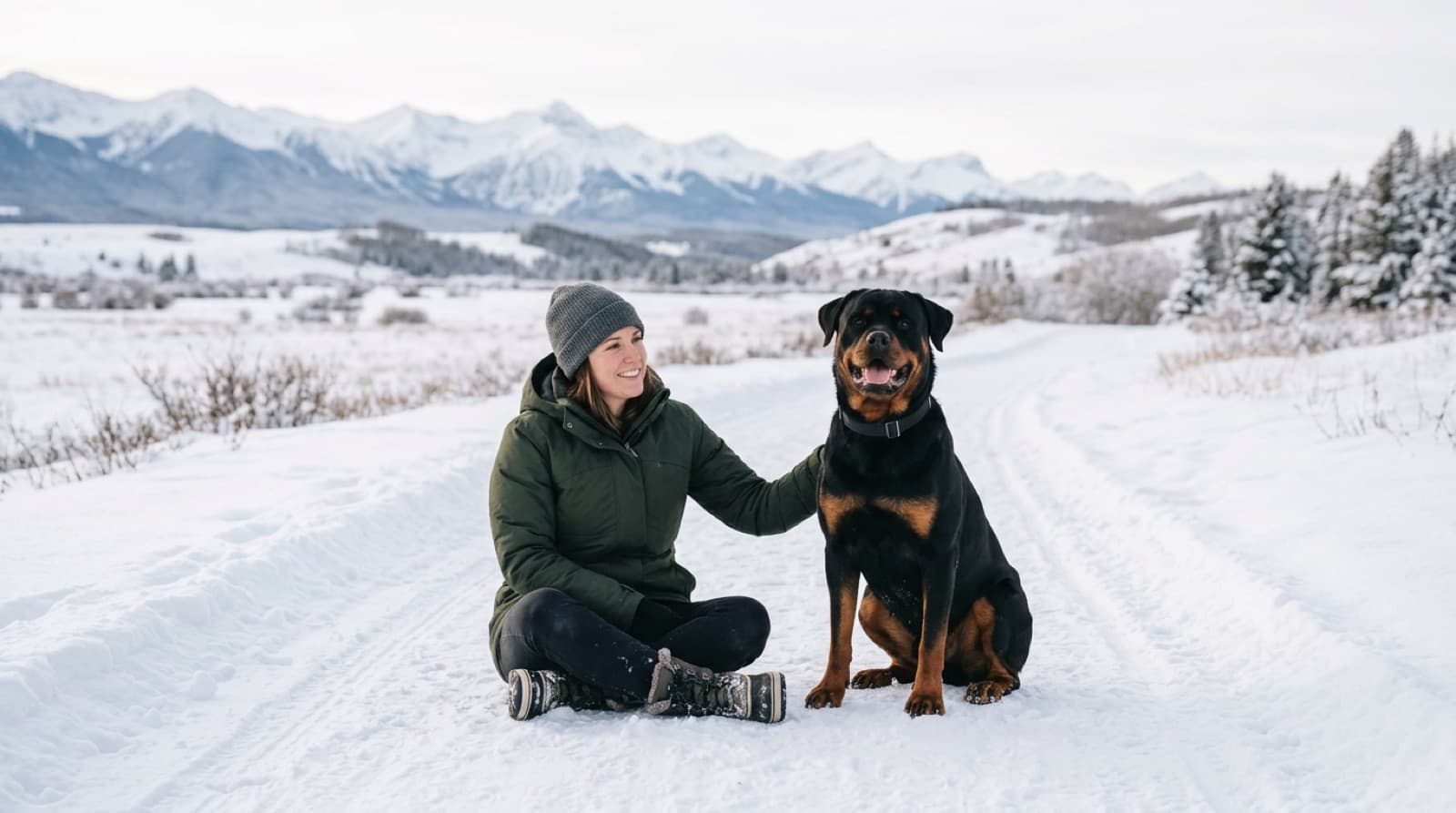 A calm black-and-rust Rottweiler sitting beside a person on a snowy Winnipeg trail