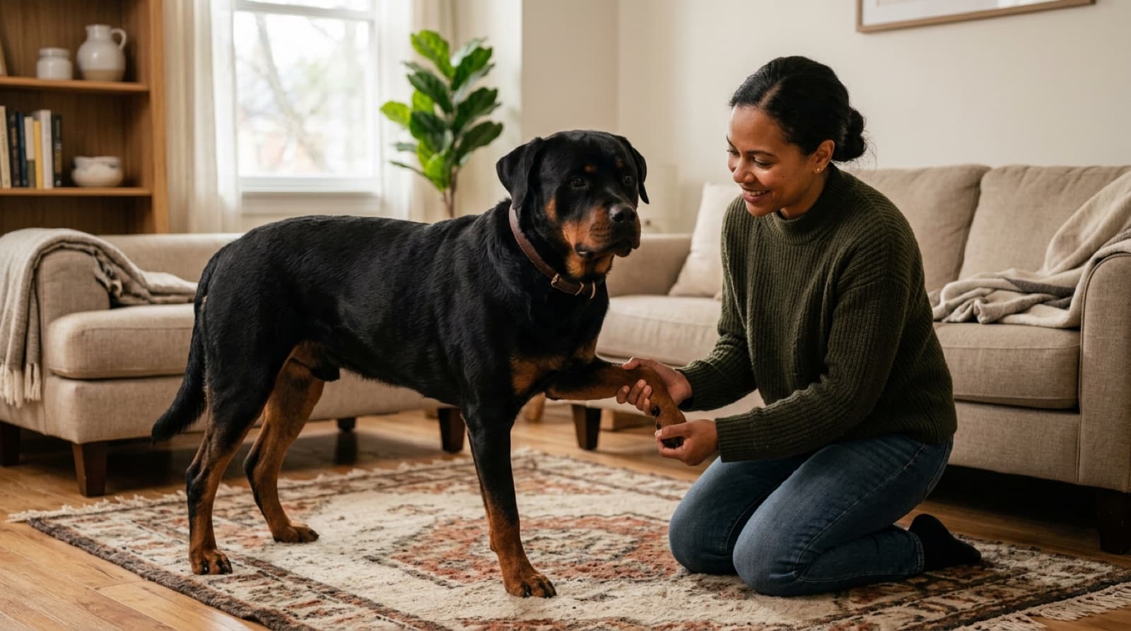 An adult Rottweiler being examined gently by a person at home in Saskatoon
