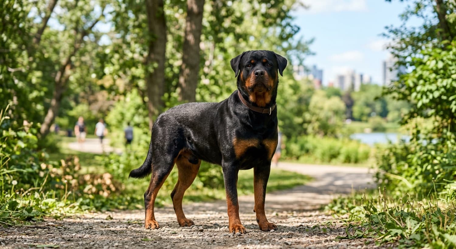 A healthy adult Rottweiler on a green Toronto trail