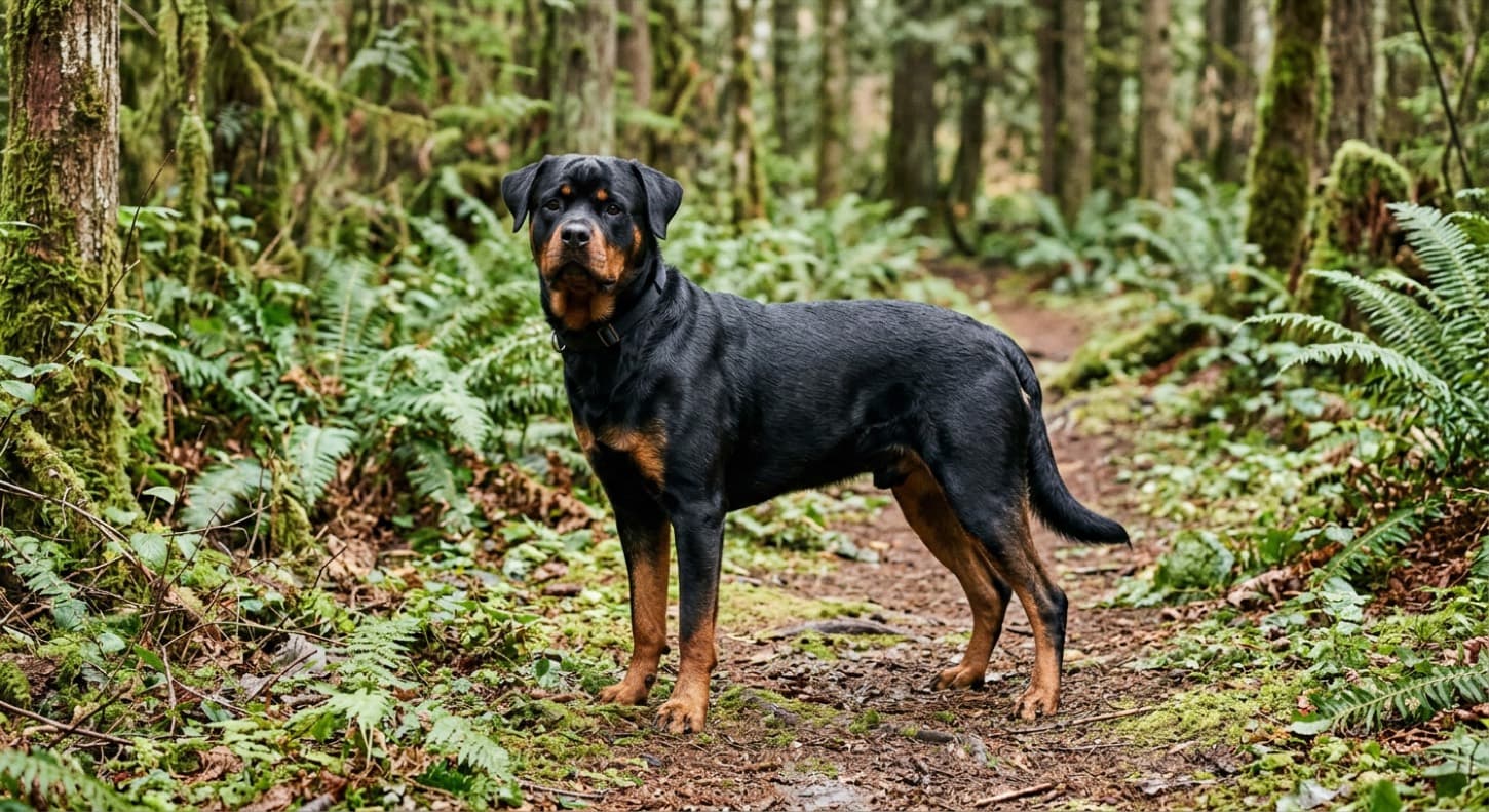 A healthy adult Rottweiler on a green Vancouver trail