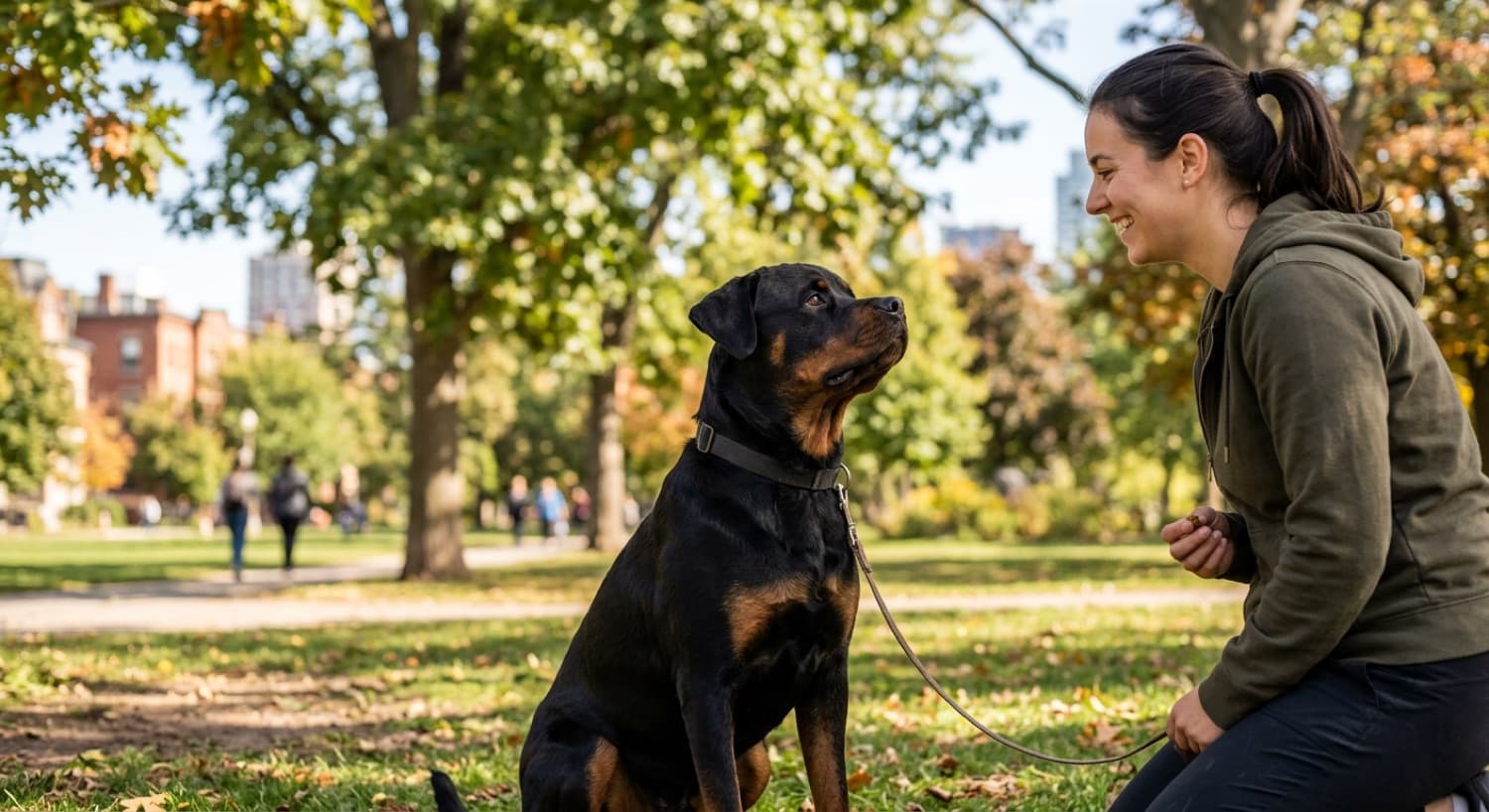 A calm, well-trained Rottweiler sitting attentively with its owner in a Toronto park