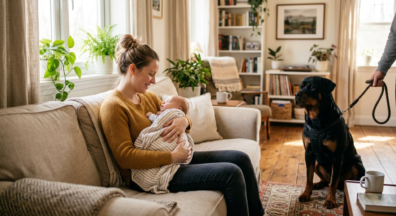 A new mother sitting on a couch holding her newborn while a calm leashed adult Rottweiler sits at a respectful distance, a controlled introduction with the dog rewarded for calm behaviour