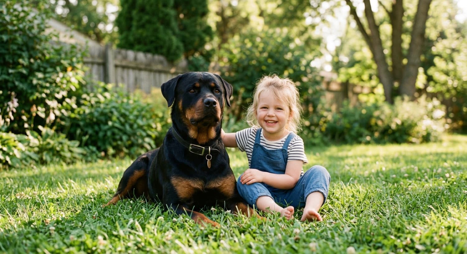 A calm adult Rottweiler lying on the floor of a Toronto living room next to an 8 year old child reading a book, both relaxed and bonded