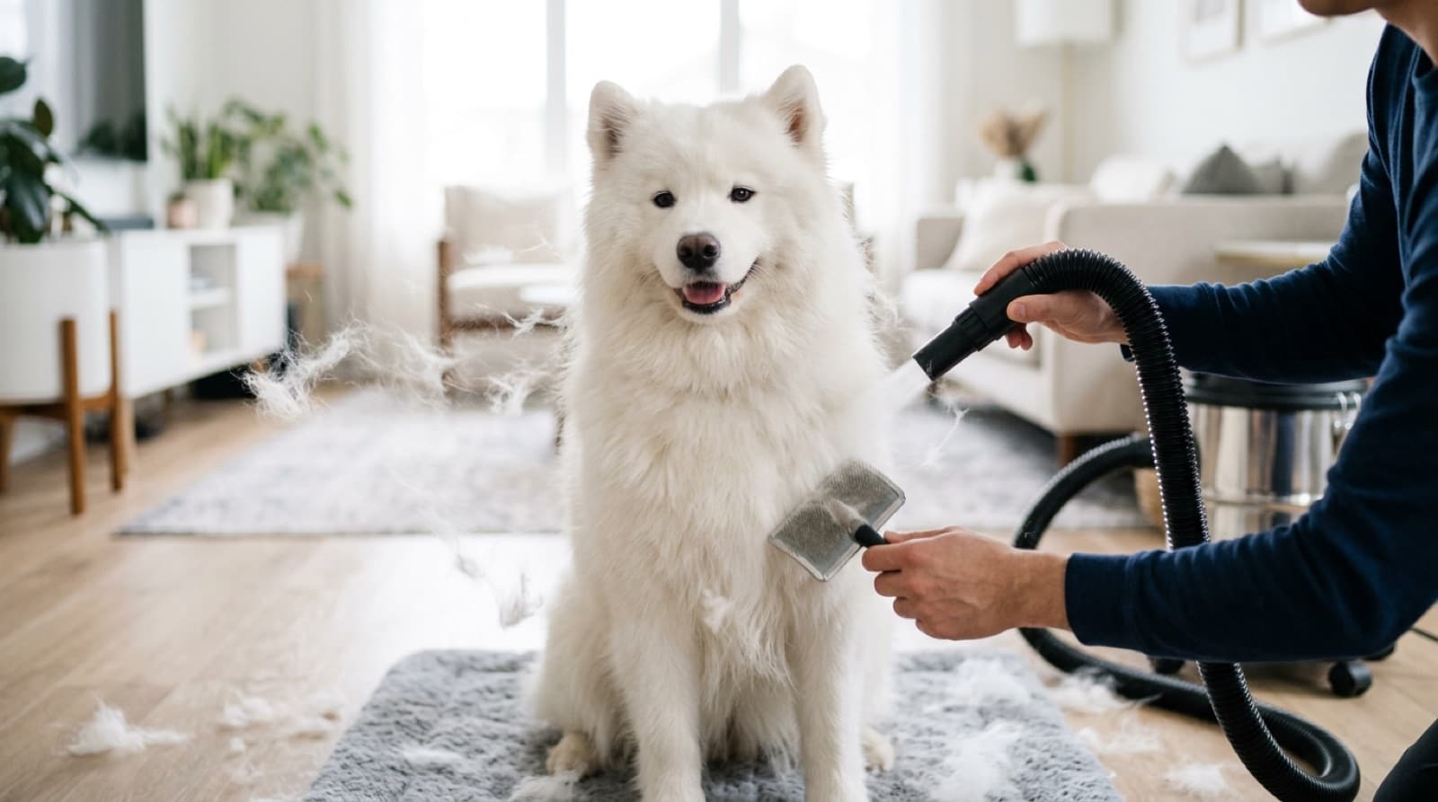 A Samoyed being blow-dried and brushed during coat blow, with loose undercoat coming out