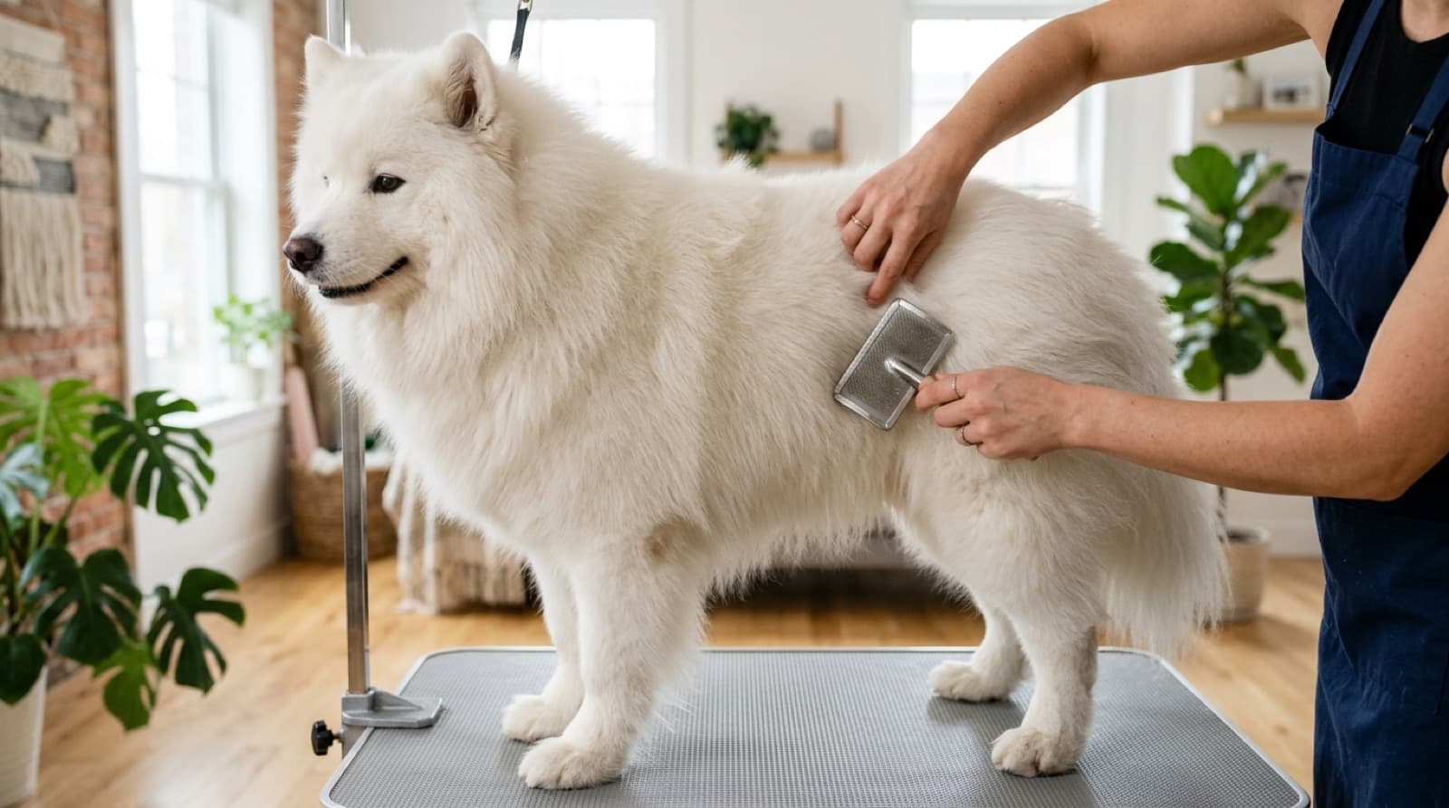 A fluffy white Samoyed being brushed on a grooming table in a bright home