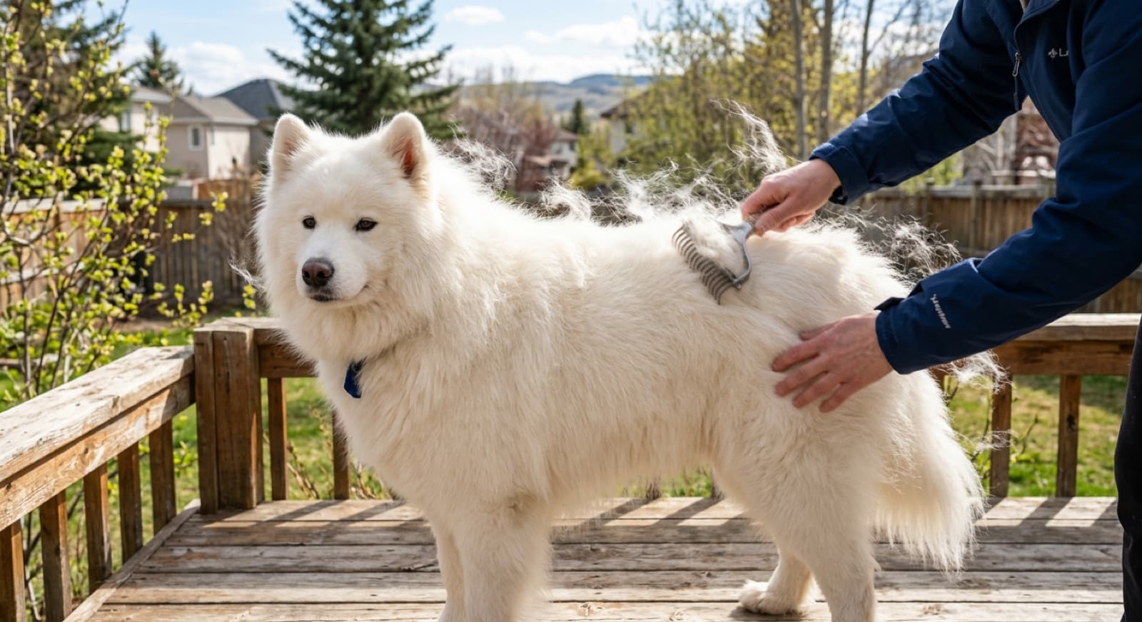 A Calgary owner line-brushing a white Samoyed's thick double coat with fur drifting in the air, undercoat rake and slicker brush visible nearby