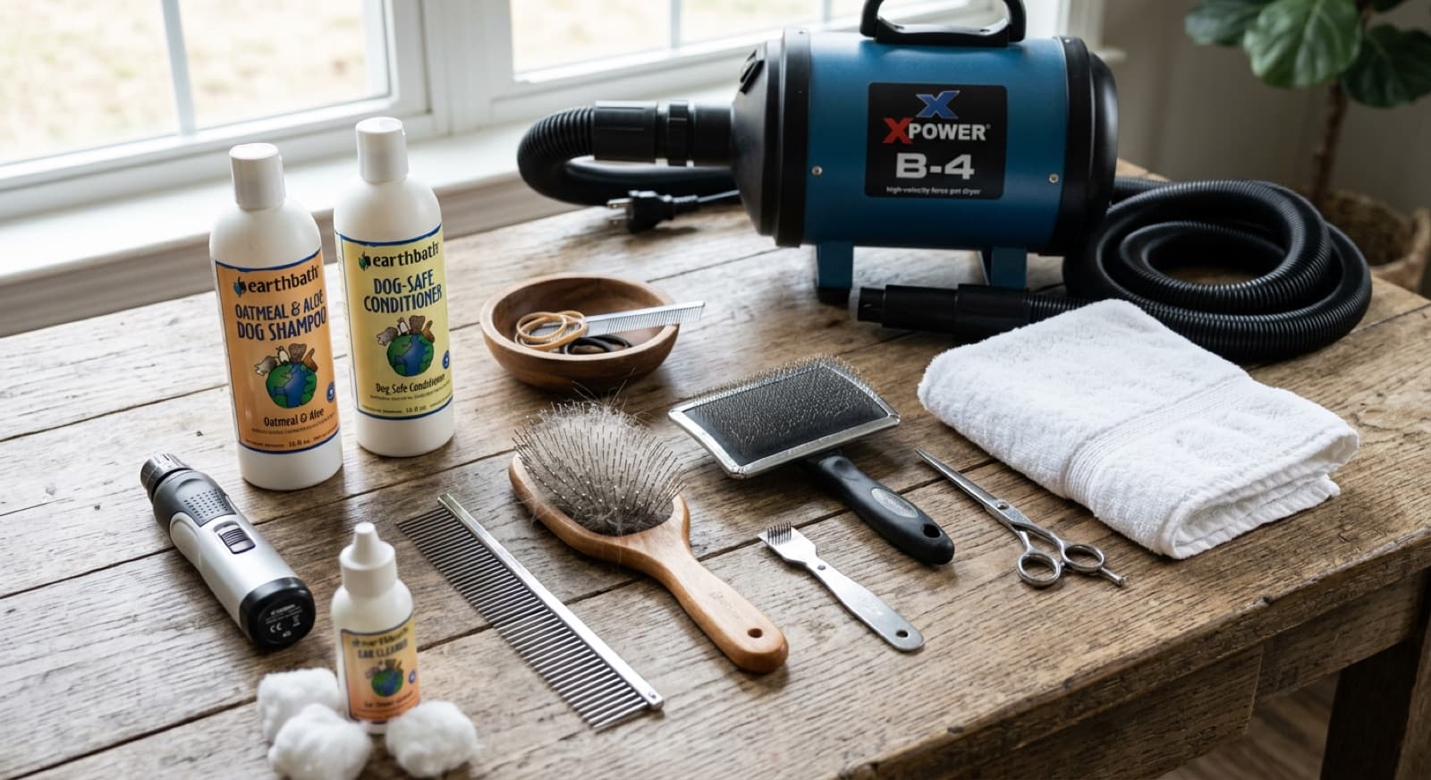 Samoyed grooming tool kit laid out: slicker brush, undercoat rake, pin brush, mat splitter, and a high-velocity dryer ready for a coat-blow session