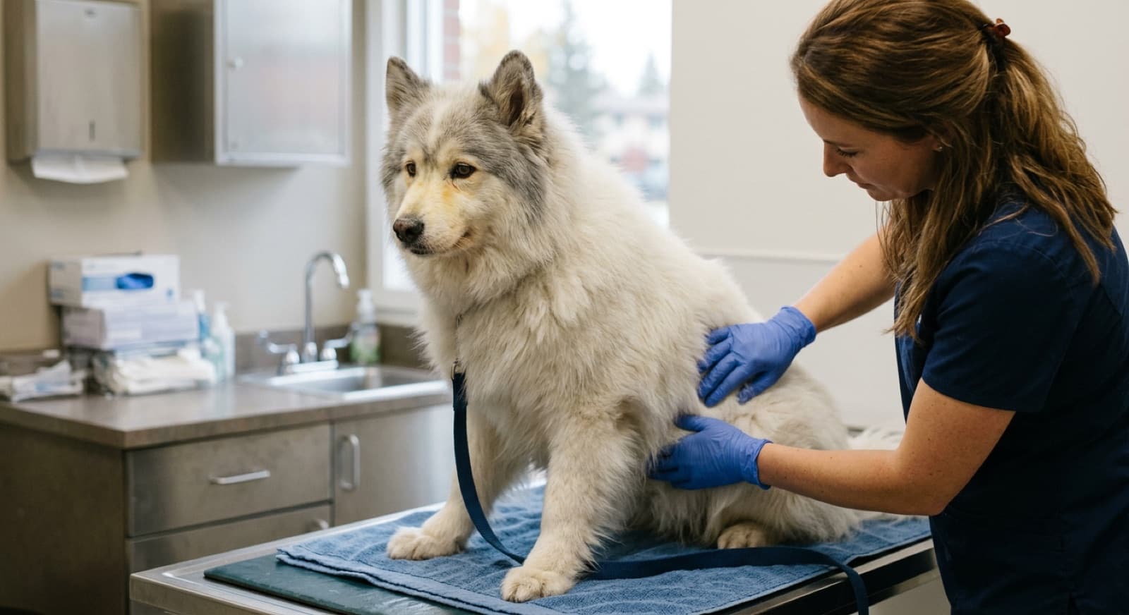 A healthy adult Samoyed sitting calmly at a Calgary veterinary clinic during a routine wellness exam