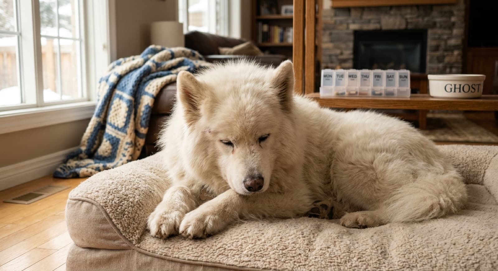 A senior white Samoyed resting on an orthopedic dog bed in a Calgary home, calm and well cared for