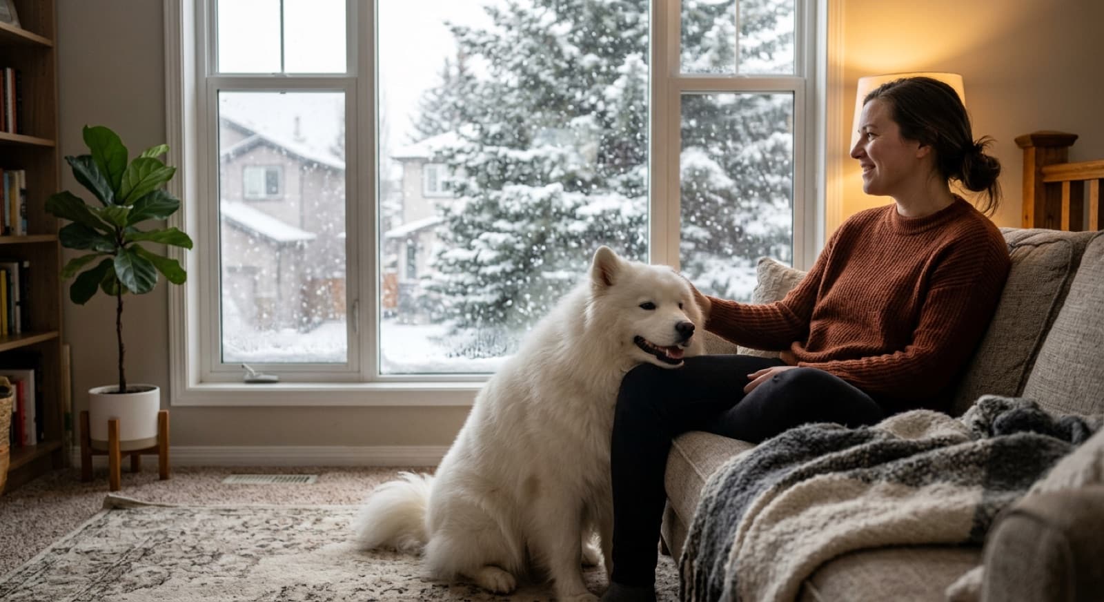 A fluffy white Samoyed standing in a Calgary backyard with fresh snow, showing the breed's thick double coat, smiling expression, and dense plumed tail