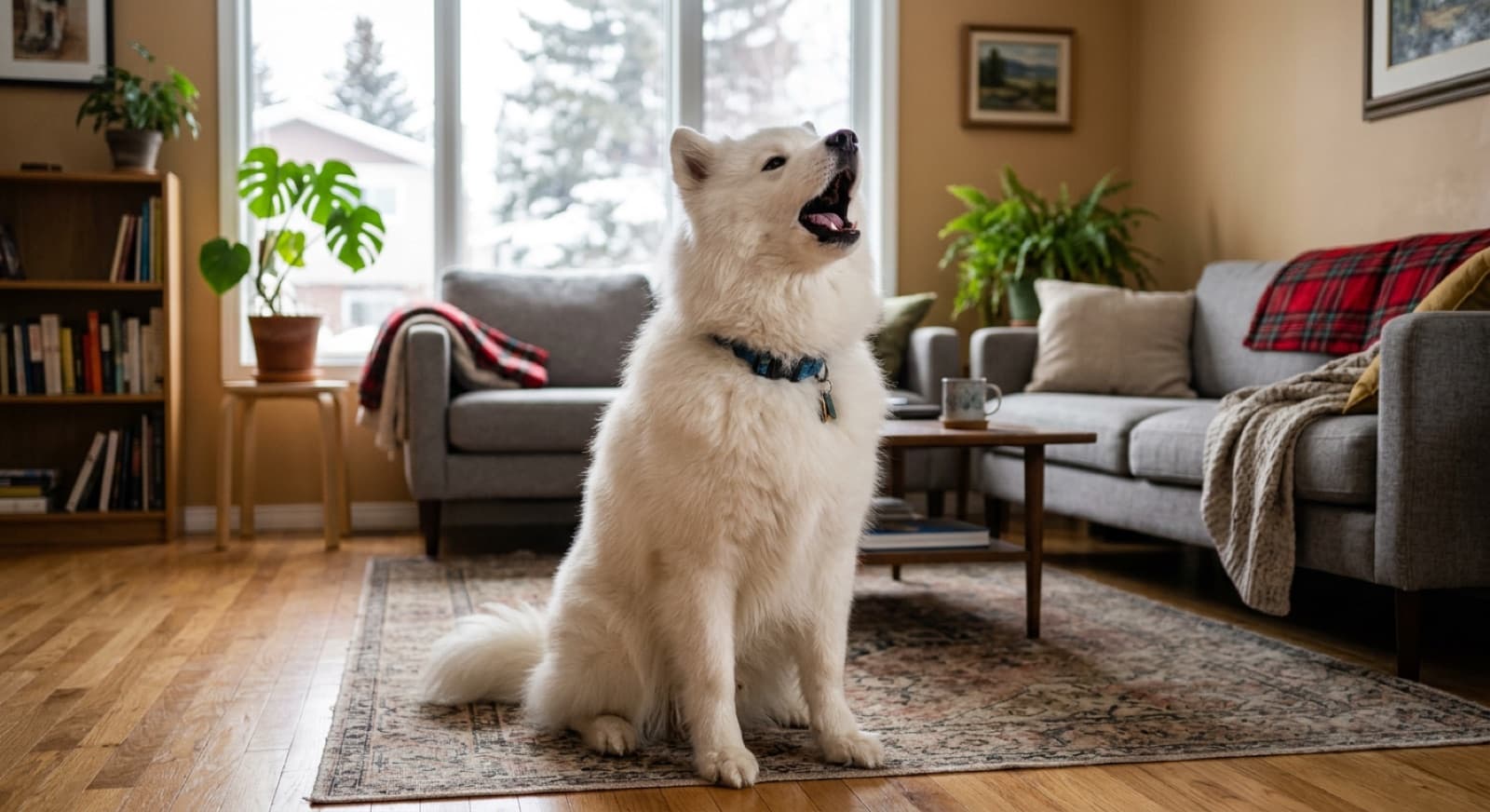 Samoyed singing with mouth open in a Calgary living room, expressive vocal posture, head tilted up