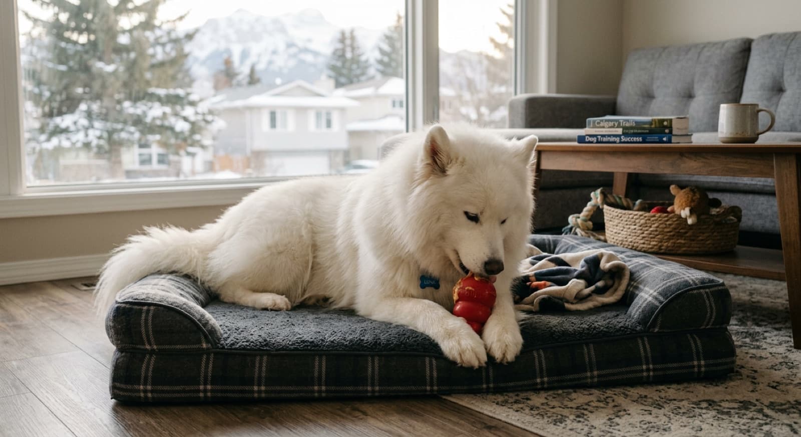 Adult Samoyed resting calmly on a bed in a Calgary living room with a chew puzzle, settled body language