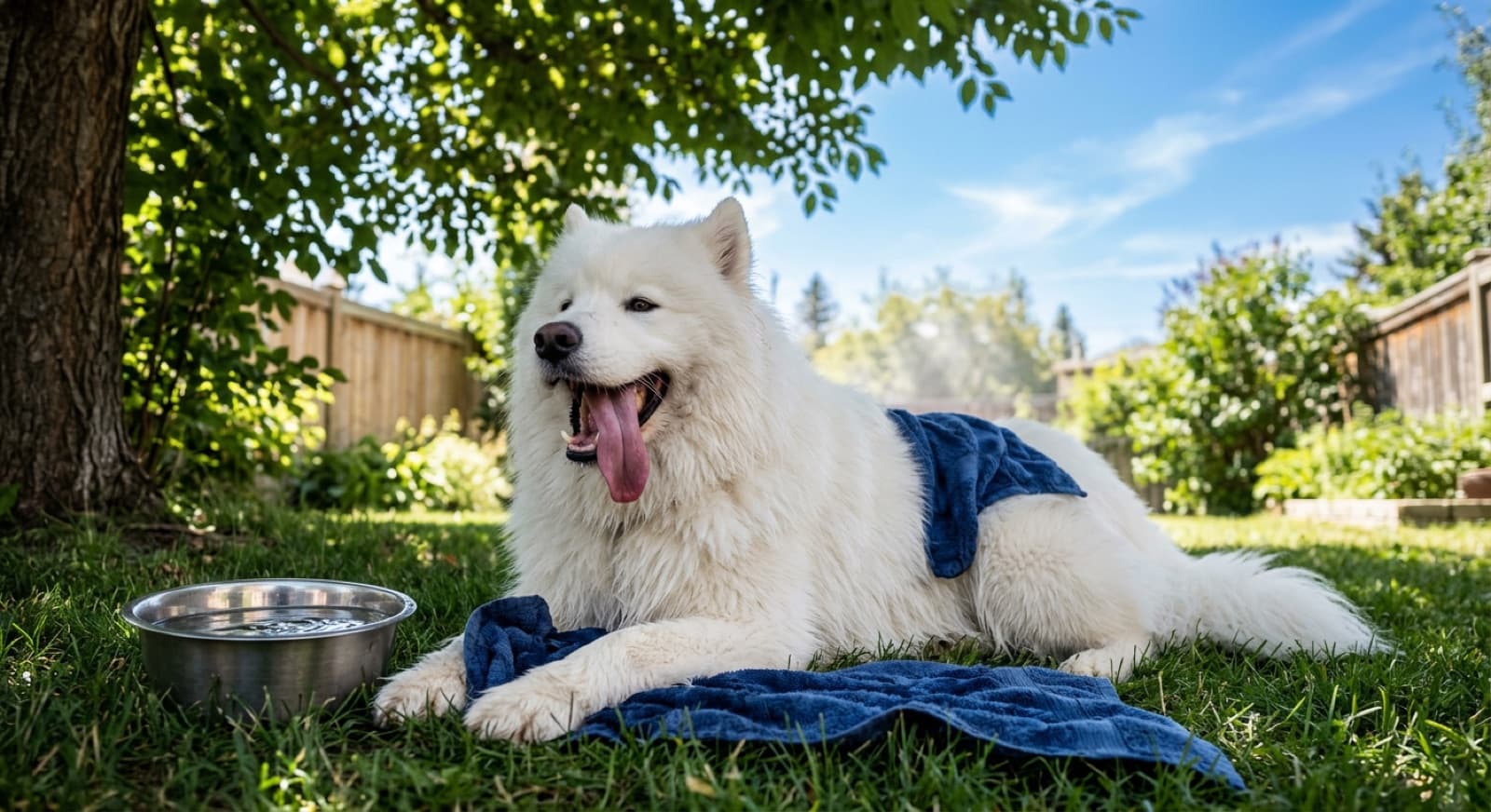 A white Samoyed panting in deep shade beside a bowl of cool water on a warm Calgary summer afternoon, thick double coat visible