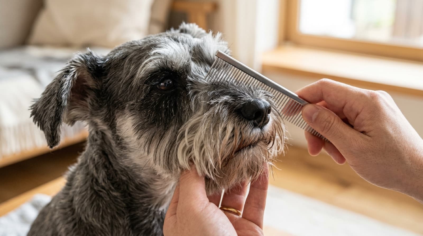 Close-up of a Schnauzer's beard and eyebrows being combed