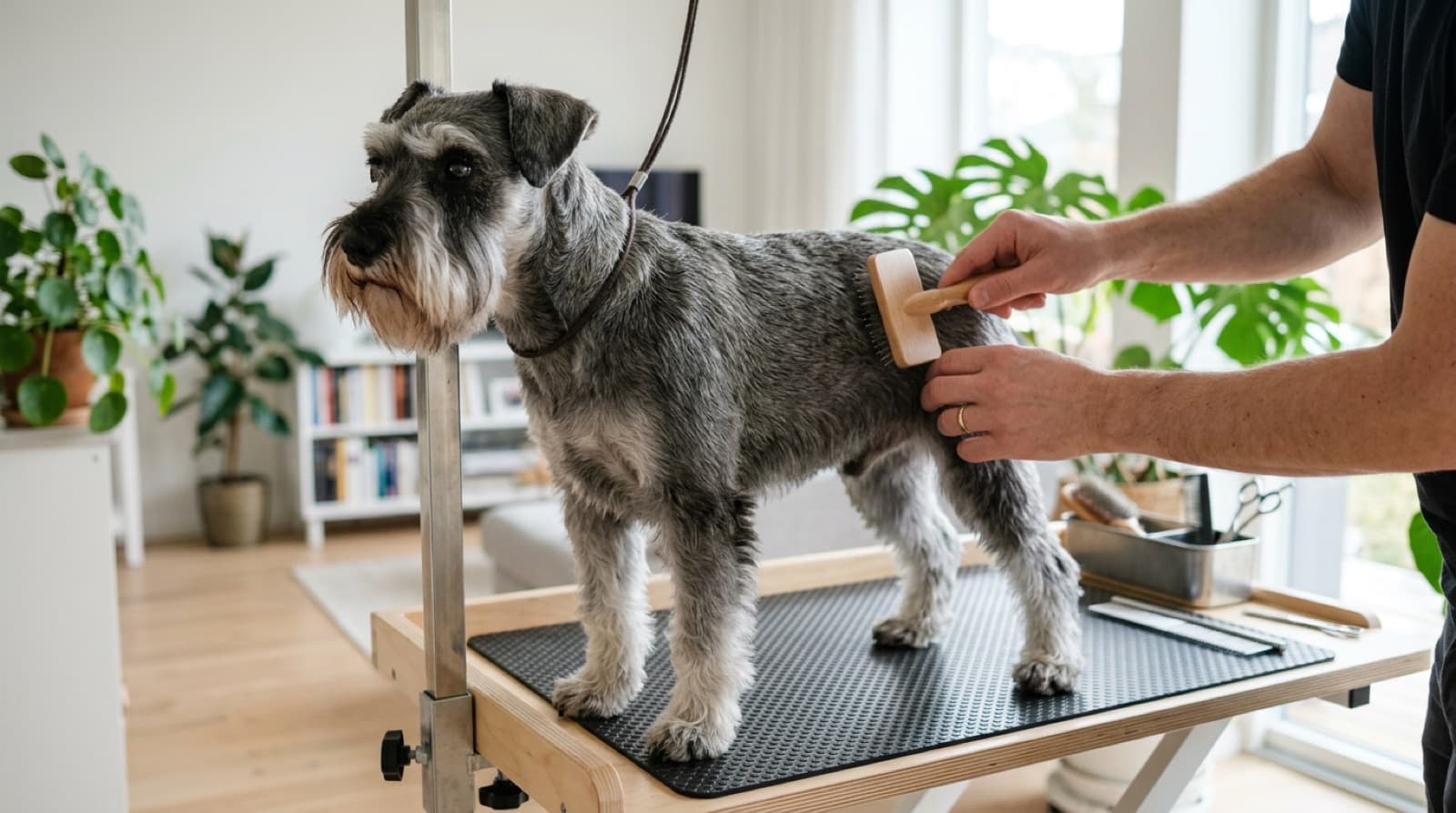 A Miniature Schnauzer with a groomed beard and eyebrows on a grooming table in a bright home