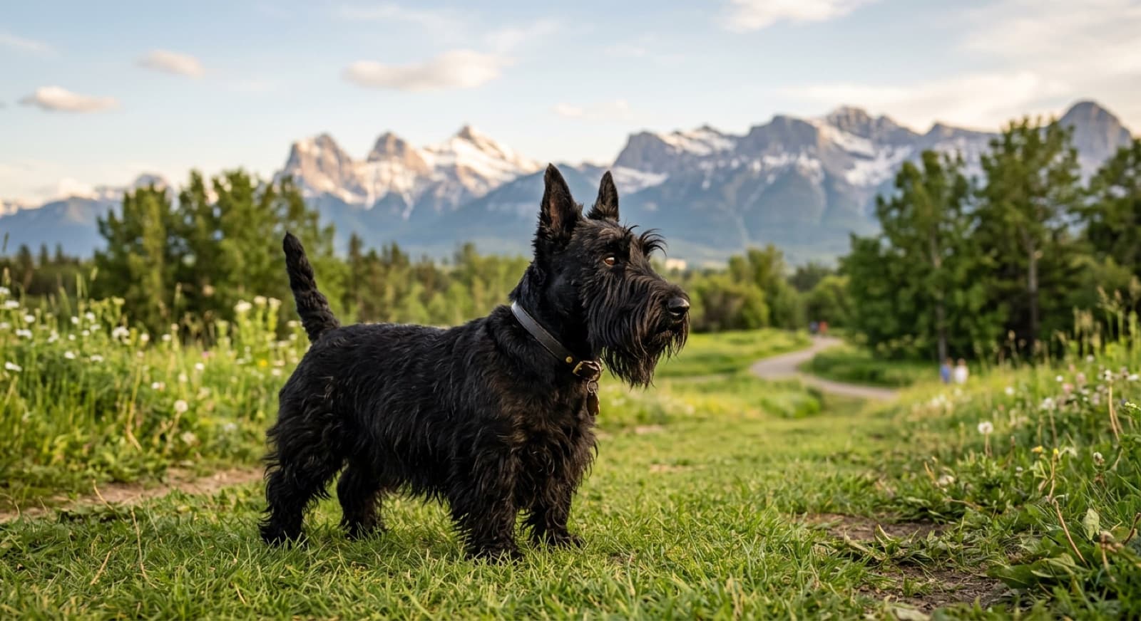 A black Scottish Terrier with a classic beard and silhouette standing alert in a green Calgary park, mountains in the distance