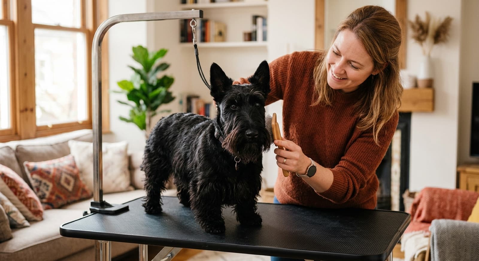 A black Scottish Terrier being gently groomed and brushed on a table by its owner in a bright Calgary home