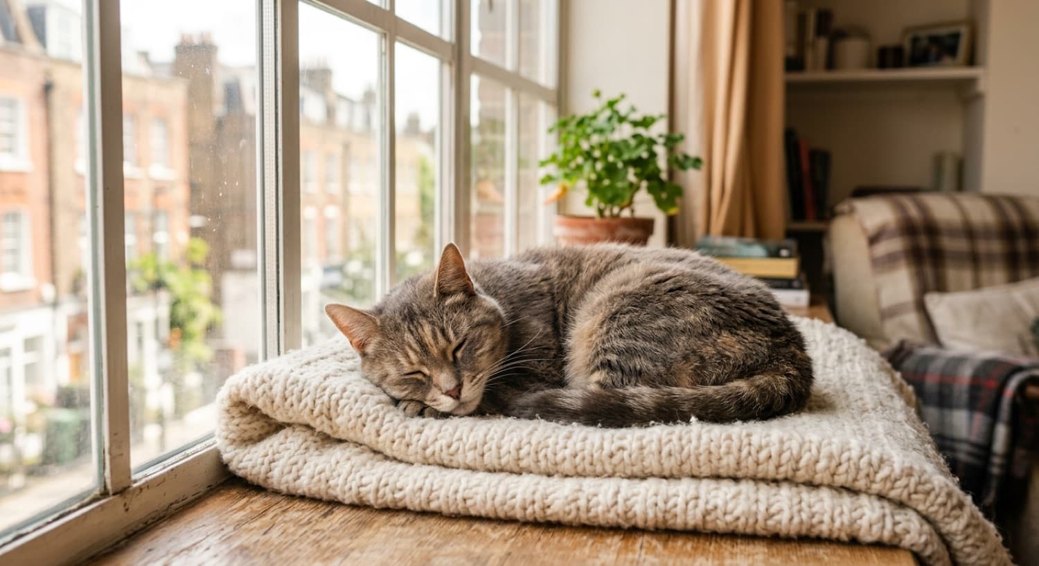 A content older senior cat resting warmly by a window in a Toronto home