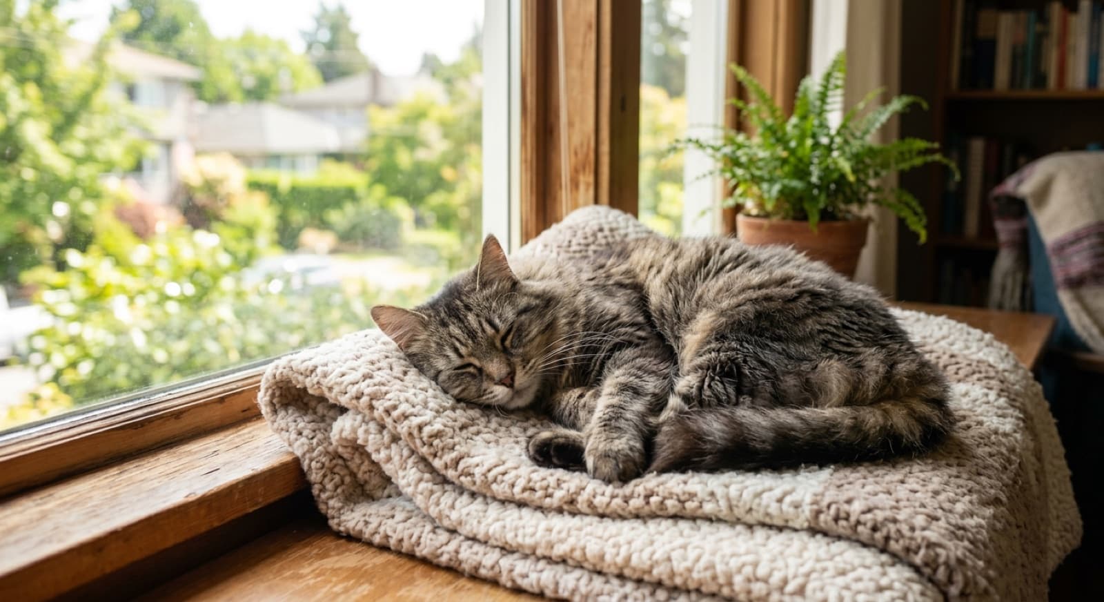 A content senior cat resting warmly on a soft bed in a Vancouver home