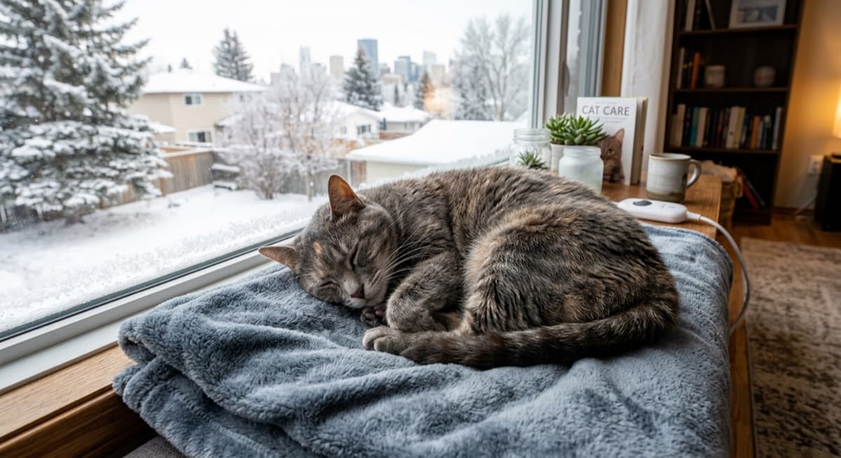 A senior Calgary rescue cat (12+ years old, grey muzzle, calm posture) resting on a heated blanket near a window, captures the dignity of senior cat care