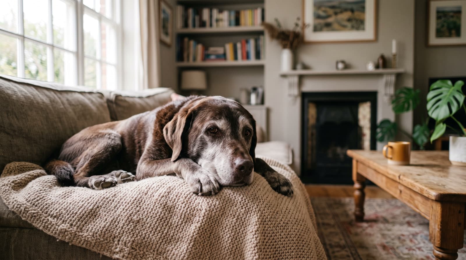 An older dog with a greying muzzle resting calmly on a blanket in a warm living room