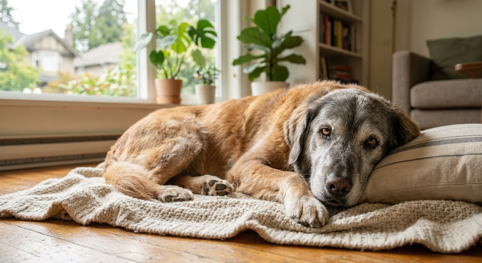 A calm grey-muzzled senior dog resting contentedly at home in Vancouver