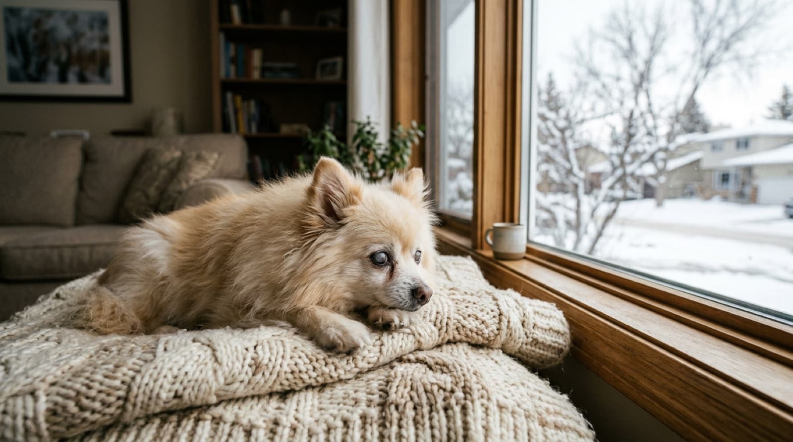 An elderly cream Pomeranian with a greying muzzle resting on a blanket beside a sunlit window in a Calgary home