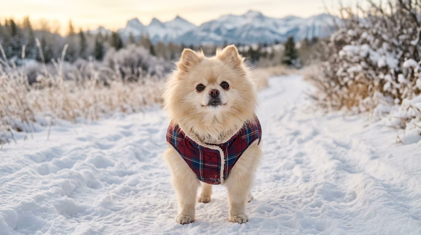An older cream Pomeranian in a padded tartan winter coat standing on a snowy Calgary pathway with foothills behind