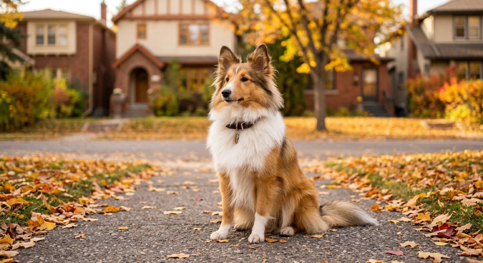 A tri-colour adult Shetland Sheepdog with a long double coat sitting on a Calgary pathway in early autumn, mountains in the distance