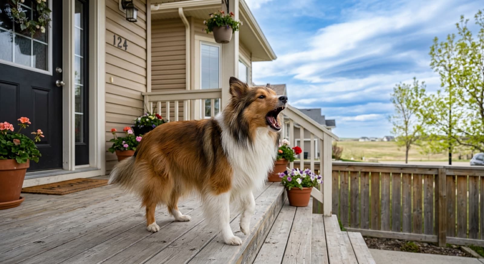 Shetland Sheepdog mid-bark on a Calgary front porch, ears forward and alert, tri-colour sable coat