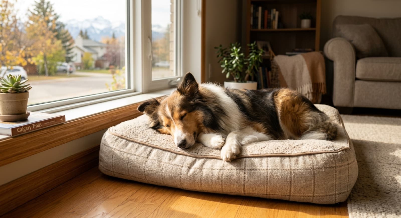 Shetland Sheepdog resting calmly on a bed near a window in a Calgary living room, settled body language with relaxed ears