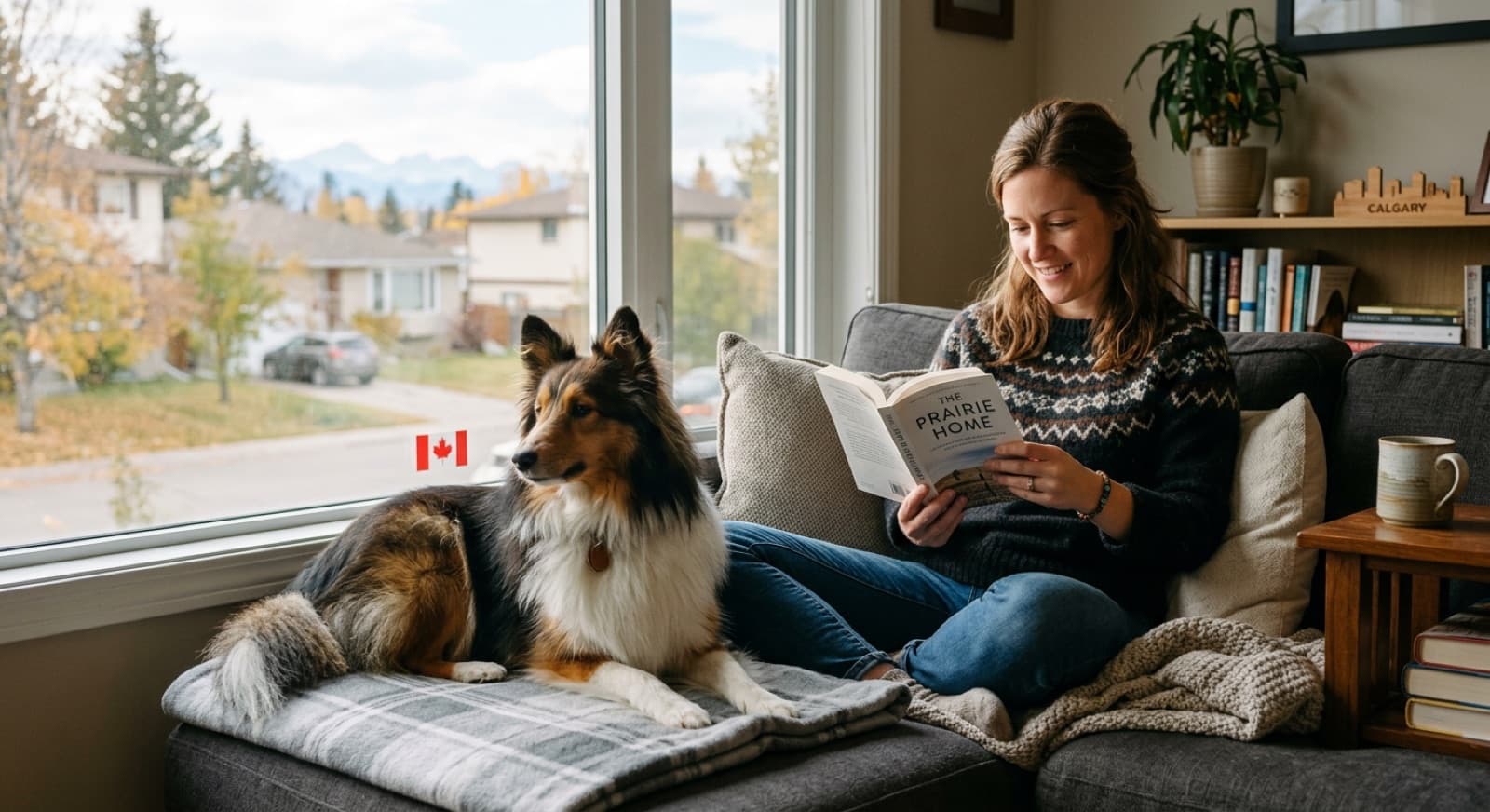 A Shetland Sheepdog (Sheltie) with a sable and white double coat sitting alert in a Calgary backyard, showing the breed's small size, pointed ears, and signature herding-dog expression