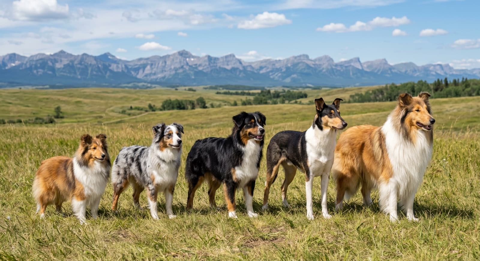 A Shetland Sheepdog, Rough Collie, Smooth Collie, Miniature American Shepherd, and Australian Shepherd standing together in a Calgary park, showing the size and coat differences between the five Collie-family breeds