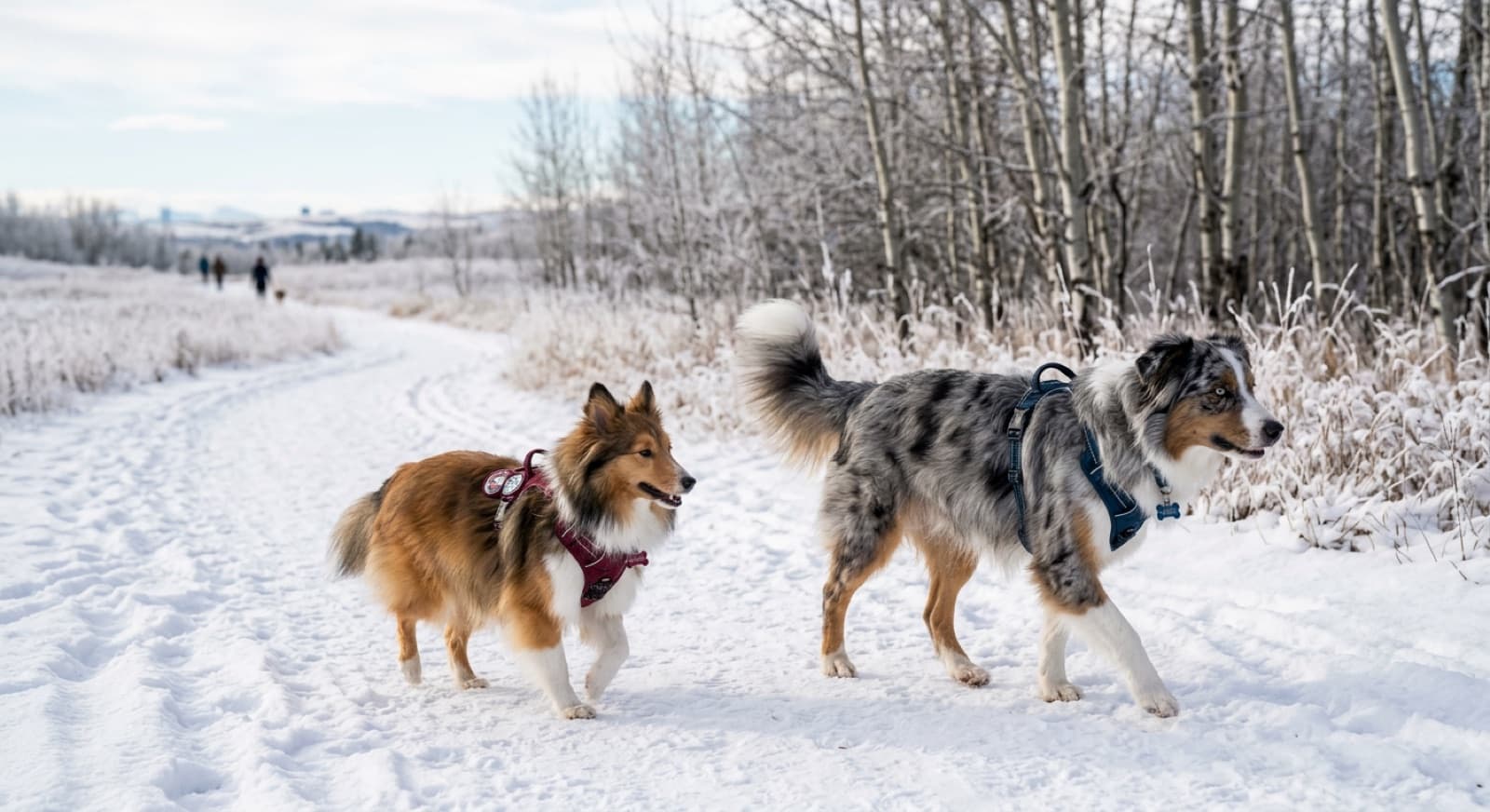 A Shetland Sheepdog and an Australian Shepherd side by side in a snowy Calgary off-leash park, demonstrating the size difference and coat similarity between the two herding breeds