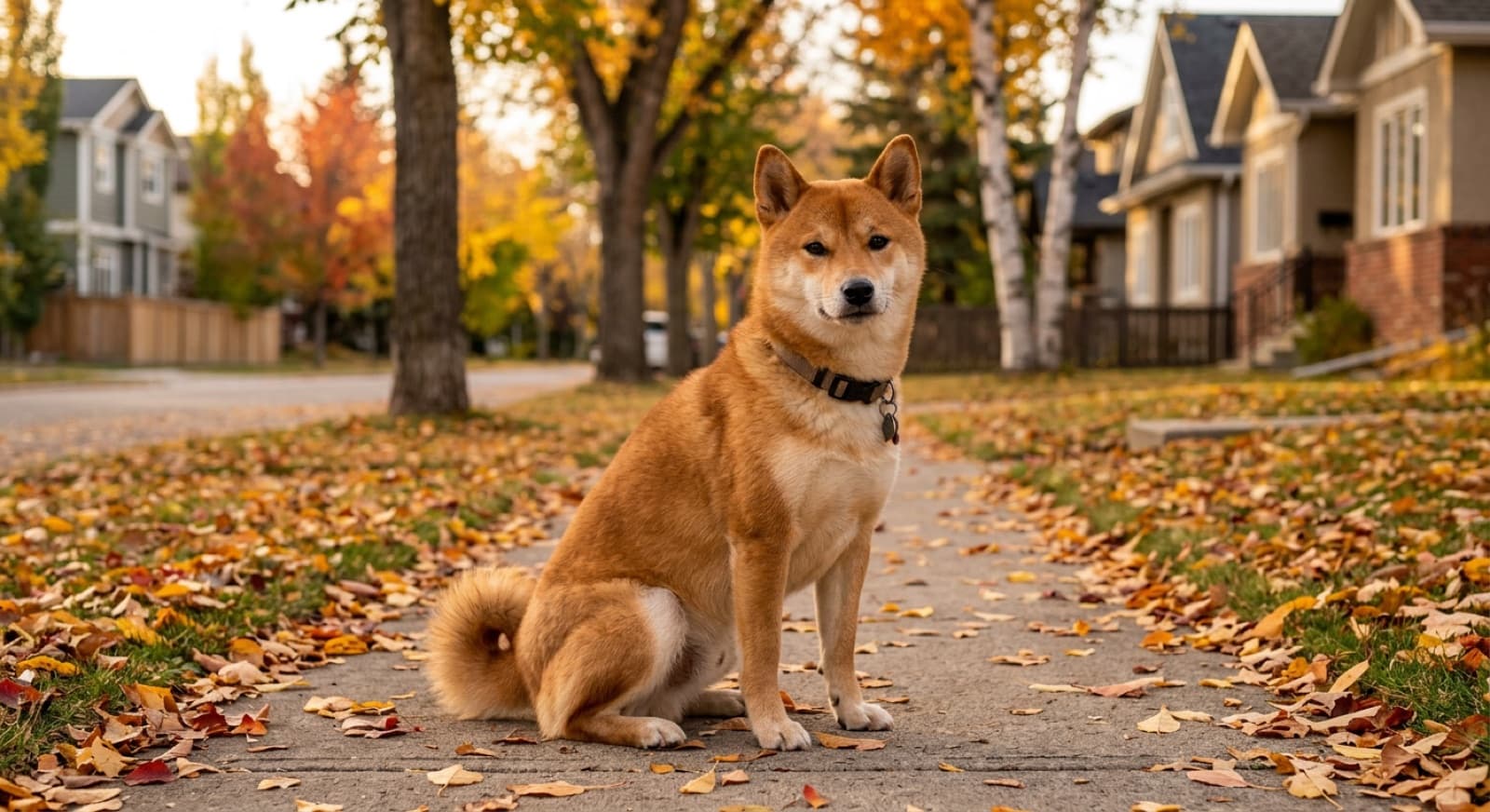 An adult red Shiba Inu with a curled tail sitting alert on a Calgary park bench in late autumn, prairie grass and mountains in the background