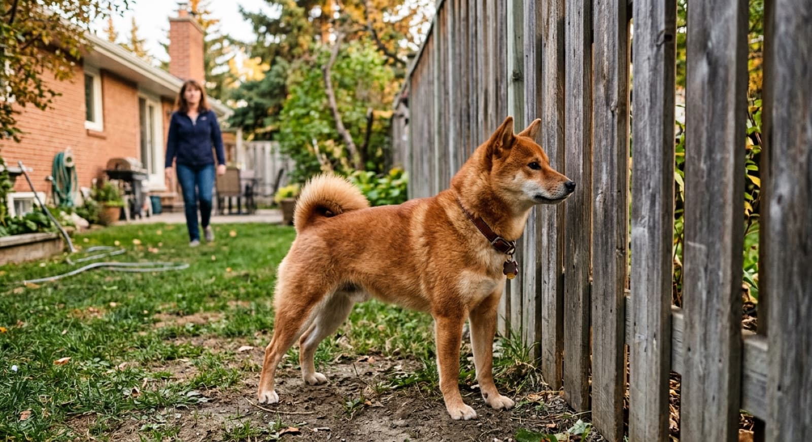 Red Shiba Inu on a long-line walking along a Calgary prairie trail, owner holding the line behind, downtown skyline and Rockies in the distance