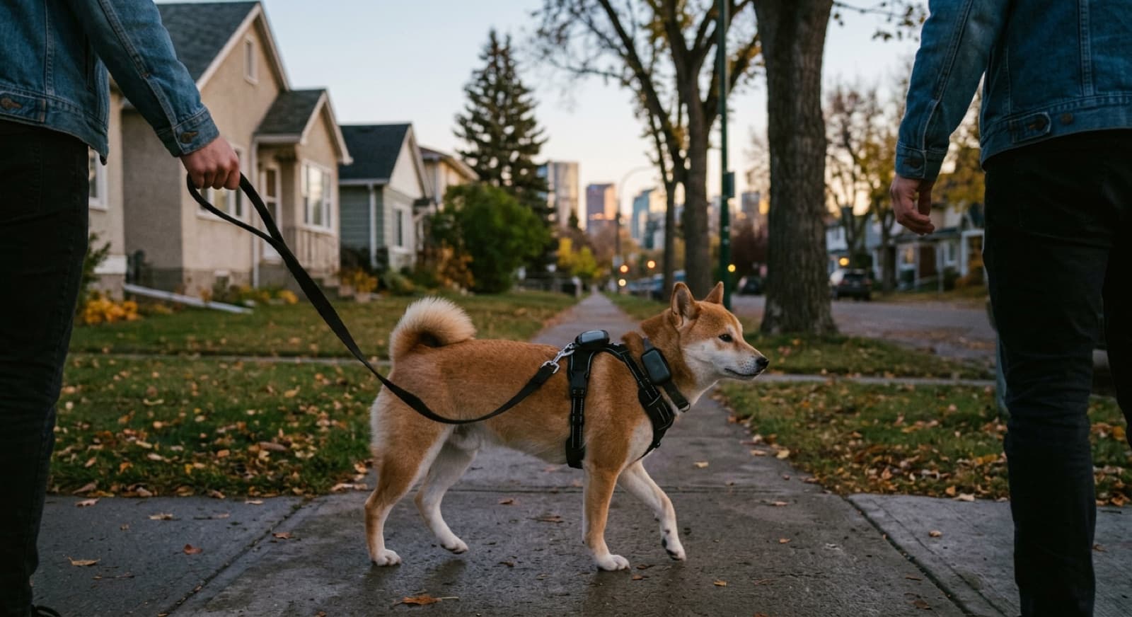 Red Shiba Inu sitting in a Calgary suburban backyard wearing a 3-strap Ruffwear-style harness, behind a tall solid wood fence in afternoon light