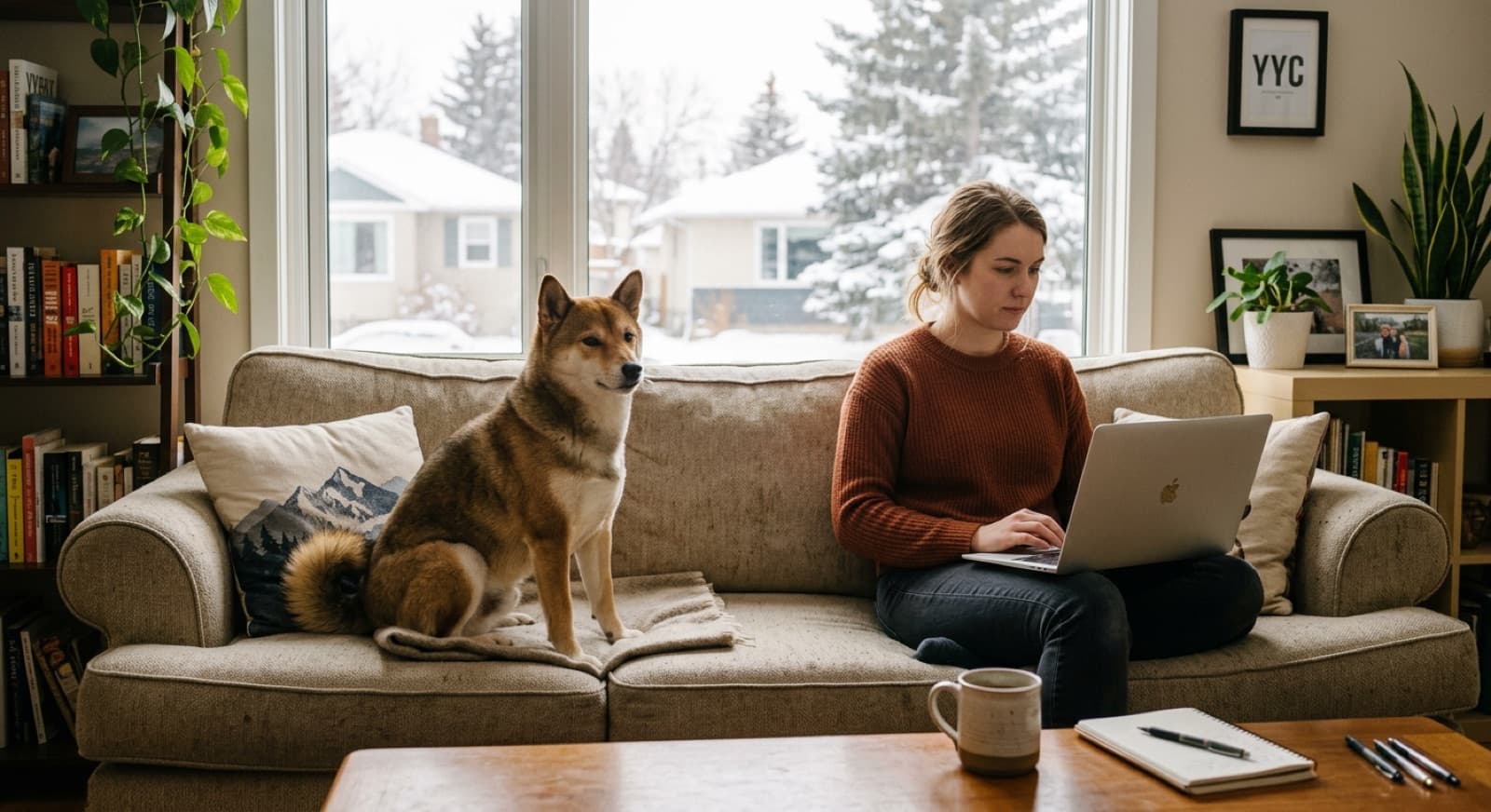 A red Shiba Inu with the signature fox-like face, prick ears, and curled tail sitting alert on a Calgary backyard deck, showing the breed's compact 17 to 23 lb frame and proud upright posture
