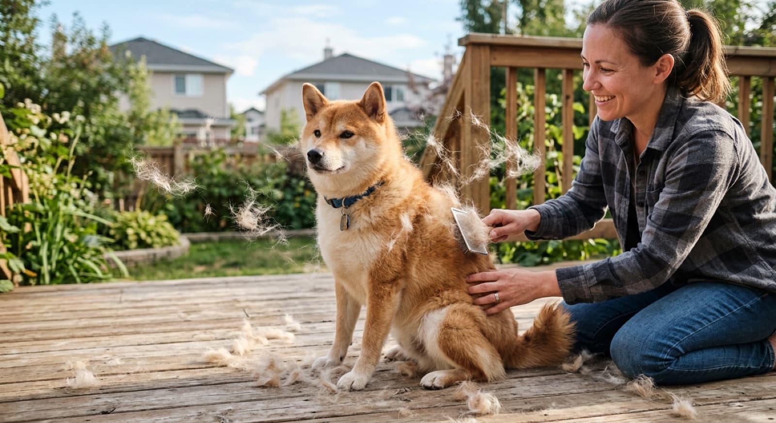 A red Shiba Inu mid coat-blow on a Calgary back deck with tufts of undercoat lifting away in the wind, slicker brush and undercoat rake on a small grooming bench