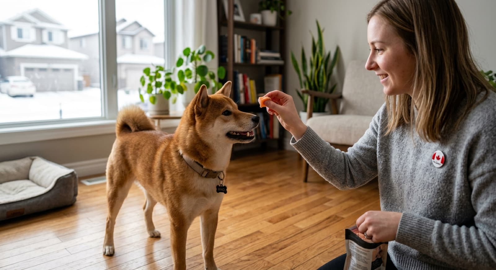 Alert adult Shiba Inu making focused eye contact with a Calgary owner during a force-free training session, balanced confident posture
