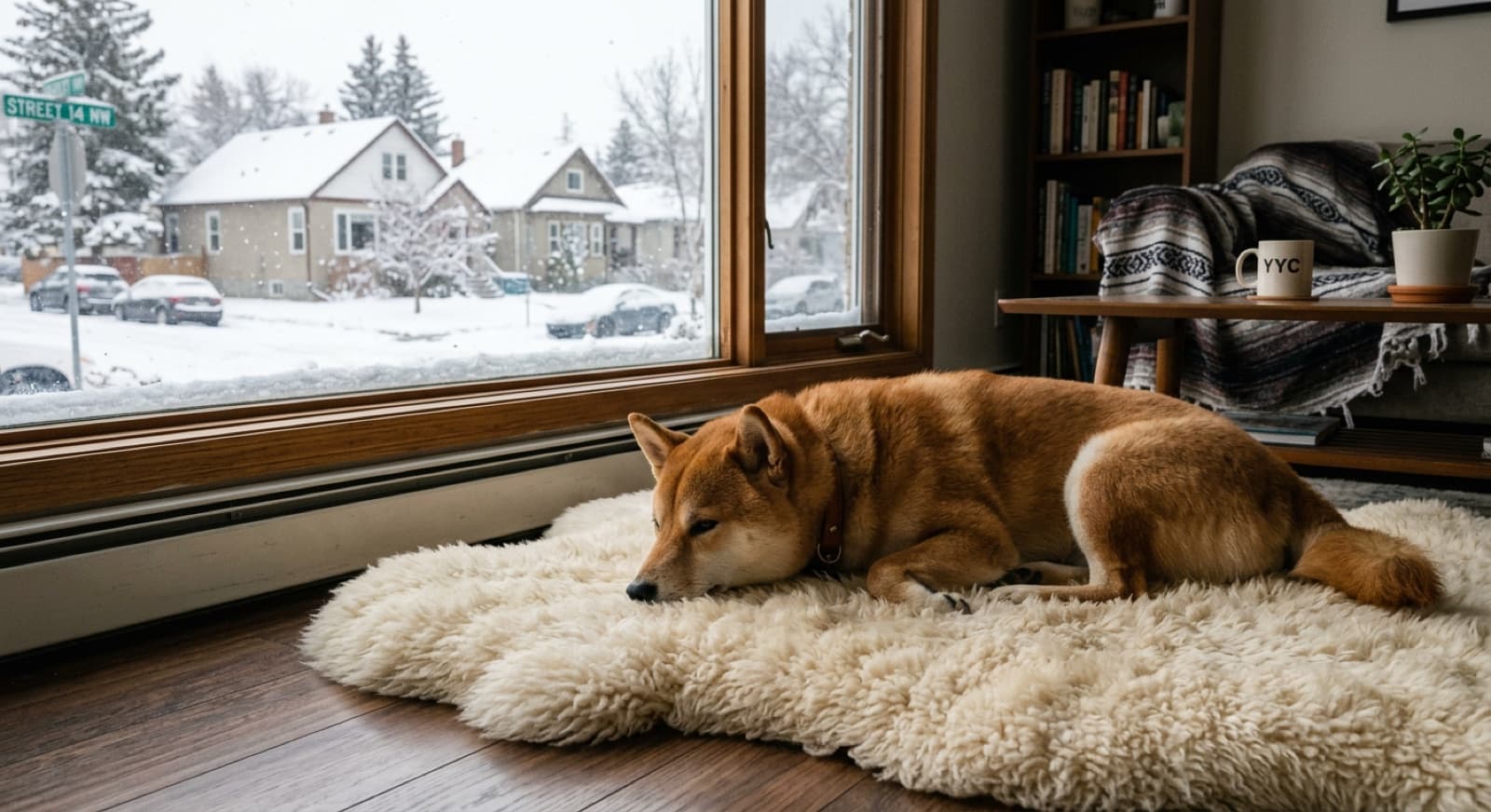 Settled adult Shiba Inu lying calmly in a Calgary home, relaxed posture and soft eyes, the dog the owner signed up for at 18 months and beyond