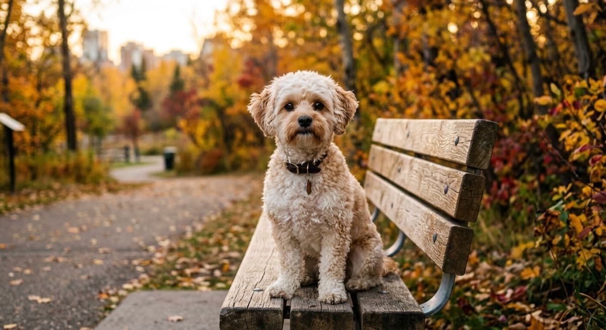A small Shih Poo with a wavy cream-and-tan coat sitting on grass in a Calgary park, looking attentively toward the camera