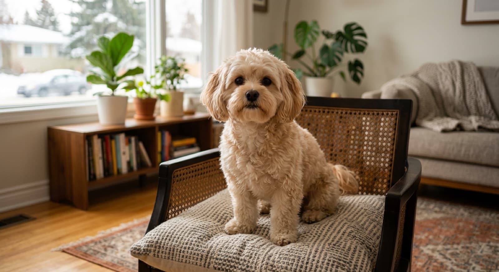 An adult Shih Poo with classic wavy soft coat sitting alert on a cushion in an Edmonton home interior, friendly expression